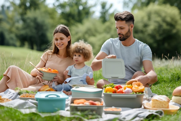 A joyful family enjoys a picnic in the beautiful park together