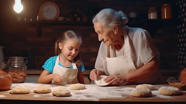 A joyful family Grandmother and granddaughter prepare meals make dough and bake cookies while using Generative AI