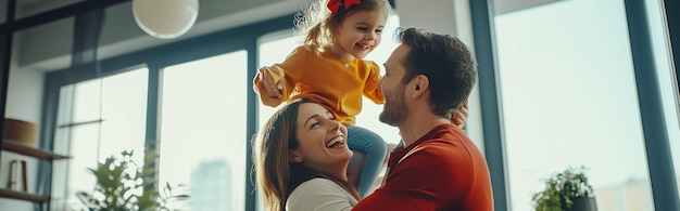 A joyful family moment indoors as a little girl plays on her father39s shoulders while her mother smiles lovingly in a bright modern living room