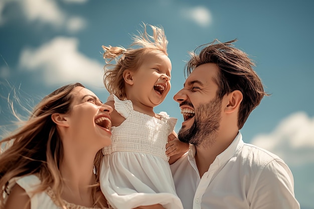 Photo joyful family moment with parents playing outdoors with their laughing child under a blue sky