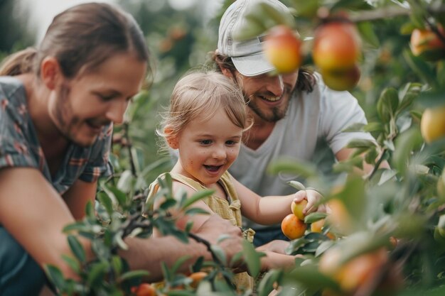 Photo joyful family picking fruits at orchard celebrating freshness and outdoor activities