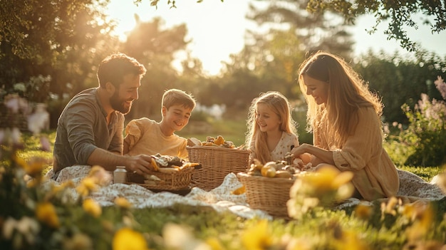 Photo a joyful family picnicking in a sunny garden sharing delightful moments