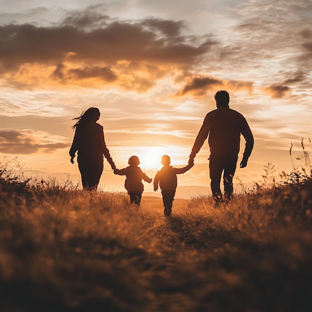 Joyful Family Running Together at Sunset