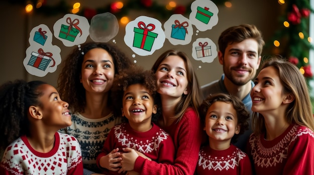 A joyful family smiles warmly at each other sharing thoughts of presents and festive moments while surrounded by holiday decorations and festive attire