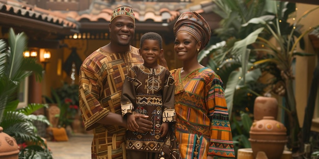 Photo a joyful family stands together dressed in colorful traditional garments showcasing their heritage