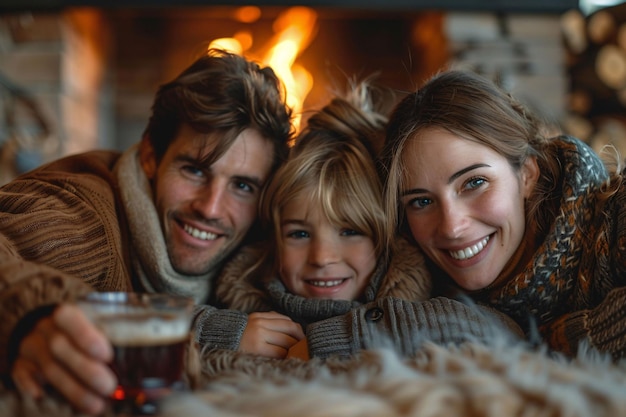 Photo a joyful family of three enjoying quality time by the cozy fireplace during winter night