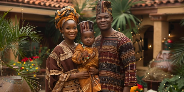 Photo a joyful family in traditional attire celebrating together at a colorful outdoor gathering