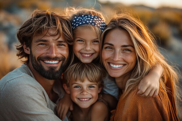 Photo joyful family waving american flag at 4th of july celebration outdoors during golden hour