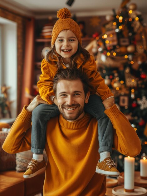 Joyful Father and Daughter Celebrating Christmas Together in a Cozy Living Room with Decorated