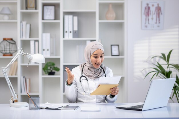 Joyful female doctor in hijab received envelope message mail notification with good results of