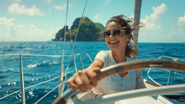 Photo joyful female skipper navigating a sailboat