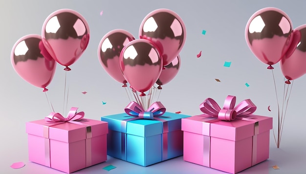 Joyful Festivities 3D Rendering of Gift Boxes Pink Balloons and Confetti Vibrant Birthday Cele