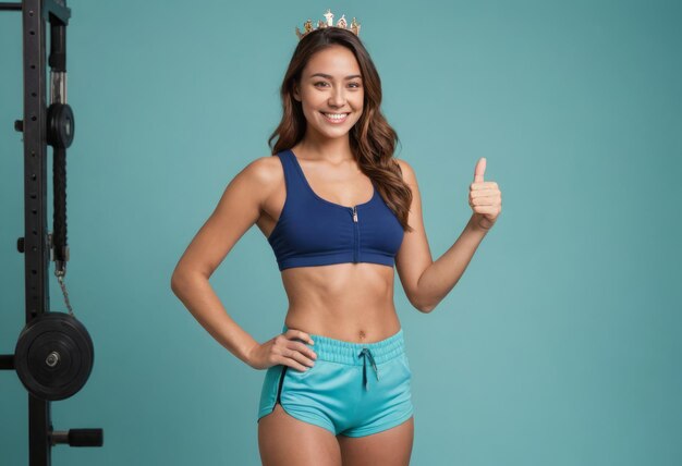 Joyful fitness enthusiast in blue sportswear giving a thumbs up next to workout equipment