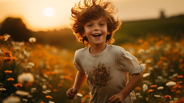 Photo joyful freedom young boy running in a field of wildflowers