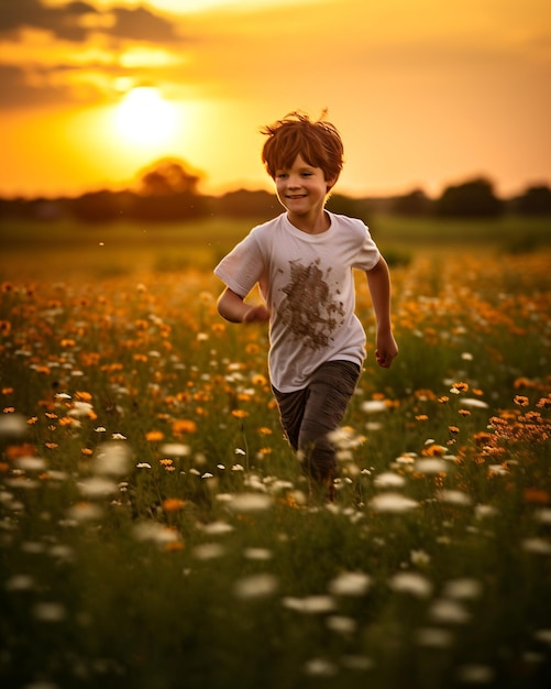 Photo joyful freedom young boy running in a field of wildflowers