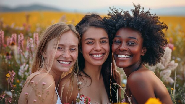 Joyful Friends in Blooming Meadow Diversity Happiness Nature