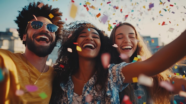 Joyful friends celebrating together outdoors while confetti falls during a sunny afternoon gathering in a vibrant urban setting