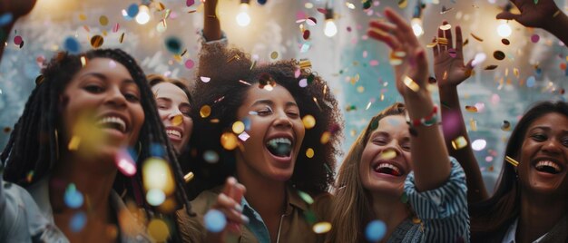 Joyful friends celebrating with a festive shower of confetti embodying happiness and unity