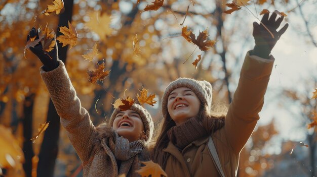 Photo joyful friends embrace autumn skies while tossing colorful leaves in a sunny park