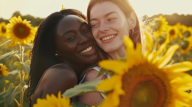 Joyful Friends Embracing in Sunflower Field at Sunset