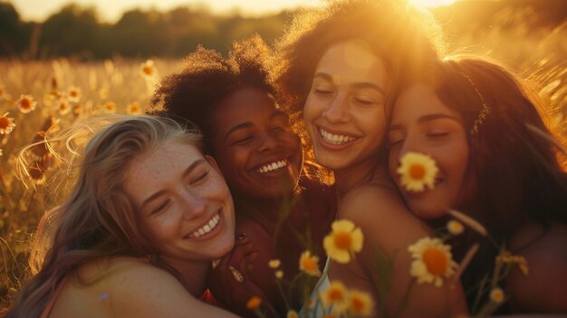 Joyful Friends Embracing in Sunlit Wildflower Field