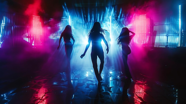 Joyful Friends Enjoy Energetic Dance Party Together Under Colorful Club Lights