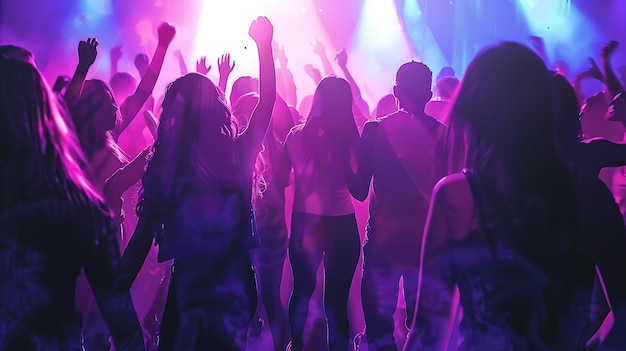 Photo joyful friends enjoy energetic dance party together under colorful club lights