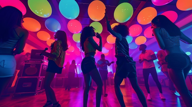 Joyful Friends Enjoy Energetic Dance Party Together Under Colorful Club Lights