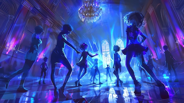 Joyful Friends Enjoy Energetic Dance Party Together Under Colorful Club Lights