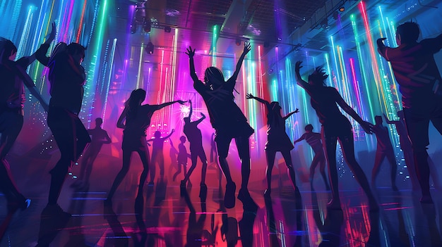 Photo joyful friends enjoy energetic dance party together under colorful club lights