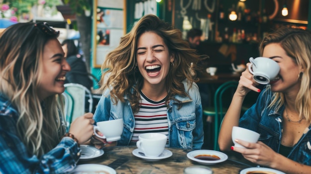 Photo joyful friends laughing in cafe