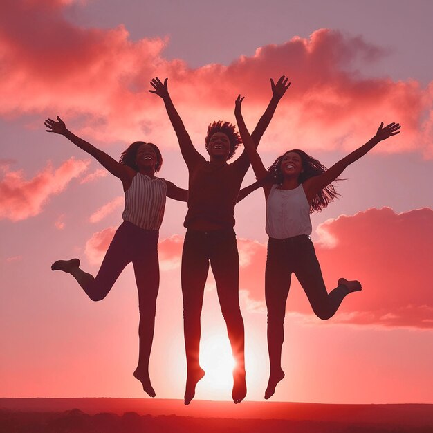 Joyful friends silhouetted against a sunset