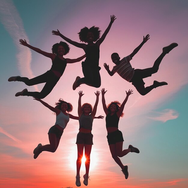 Photo joyful friends silhouetted against a sunset