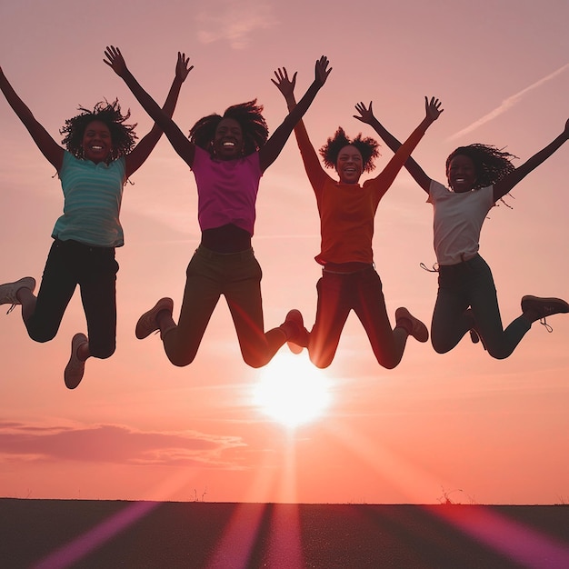 Joyful friends silhouetted against a sunset