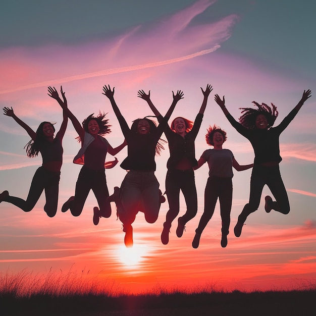 Joyful friends silhouetted against a sunset