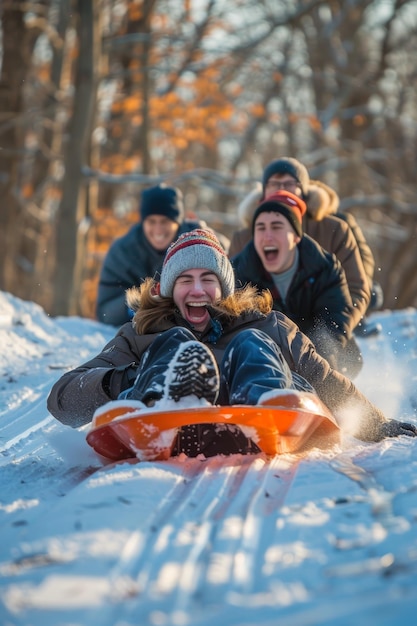 Photo joyful friends sledding on a winter day with fresh snow in a forest