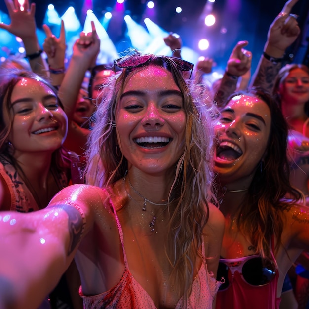 Photo joyful friends taking a group selfie at a vibrant concert event