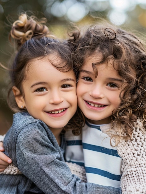 Joyful Friendship Two Happy Children Embracing Outdoors