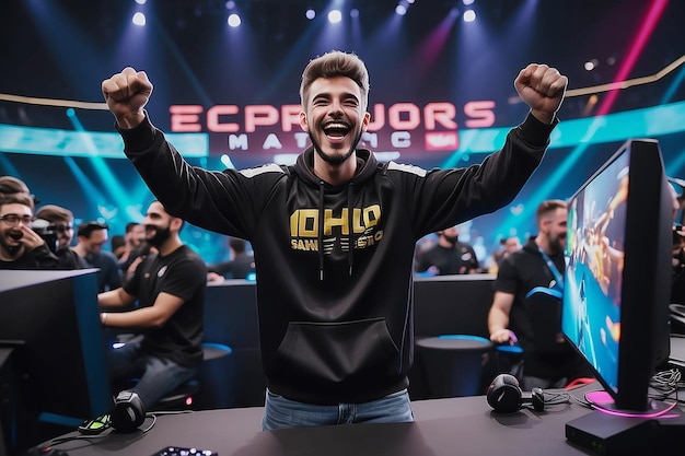 Photo joyful gamer celebrating esports championship win