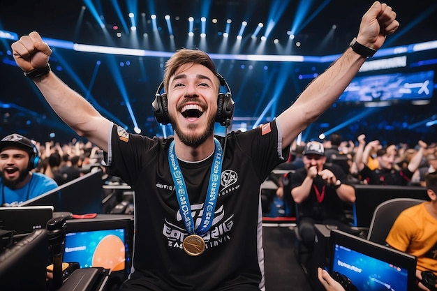 Photo joyful gamer celebrating esports championship win