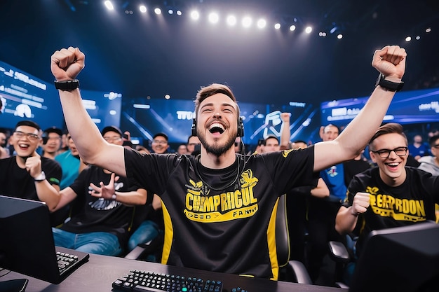 Photo joyful gamer celebrating esports championship win