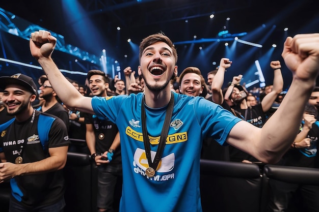 Photo joyful gamer celebrating esports championship win