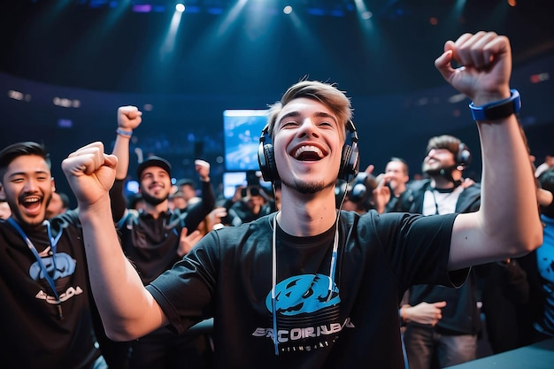 Photo joyful gamer celebrating esports championship win