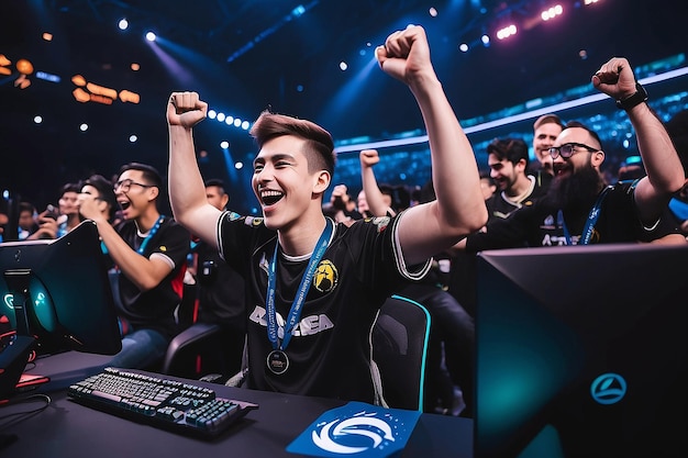 Photo joyful gamer celebrating esports championship win