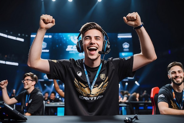 Photo joyful gamer celebrating esports championship win