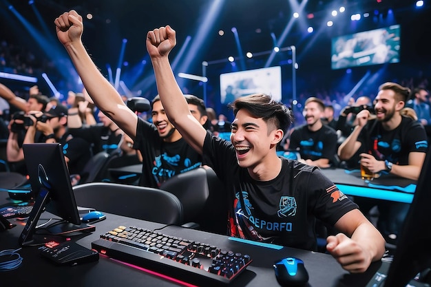 Photo joyful gamer celebrating esports championship win