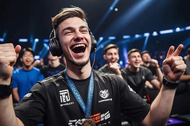 Photo joyful gamer celebrating esports championship win