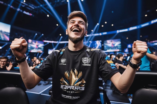 Photo joyful gamer celebrating esports championship win