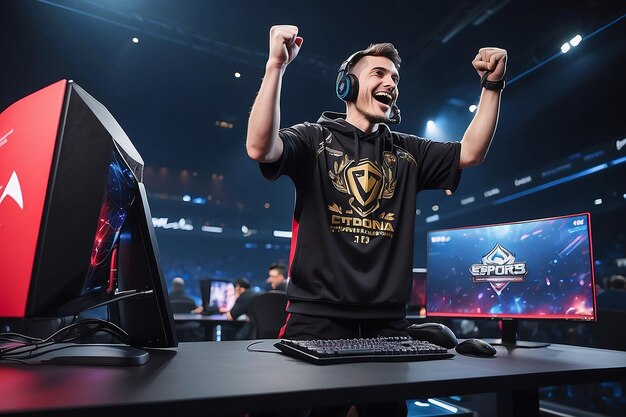 Photo joyful gamer celebrating esports championship win