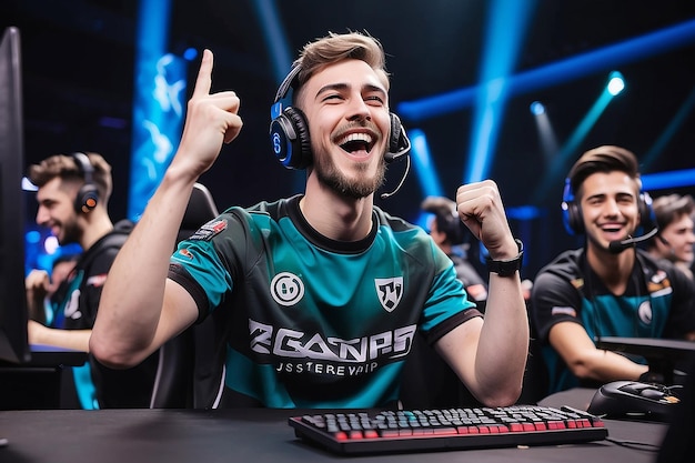 Joyful Gamer Celebrating Esports Championship Win